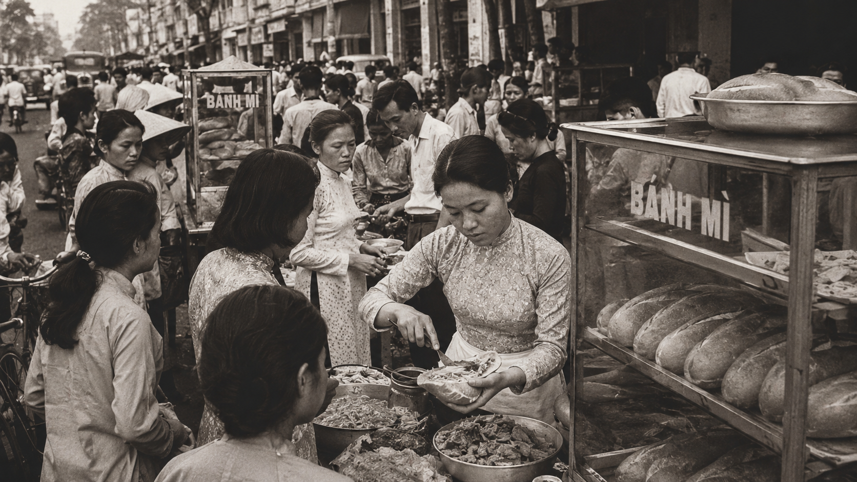 1954 Saigon street scene, vendors selling bánh mì from glass-fronted carts, crowds in traditional Vietnamese clothing
