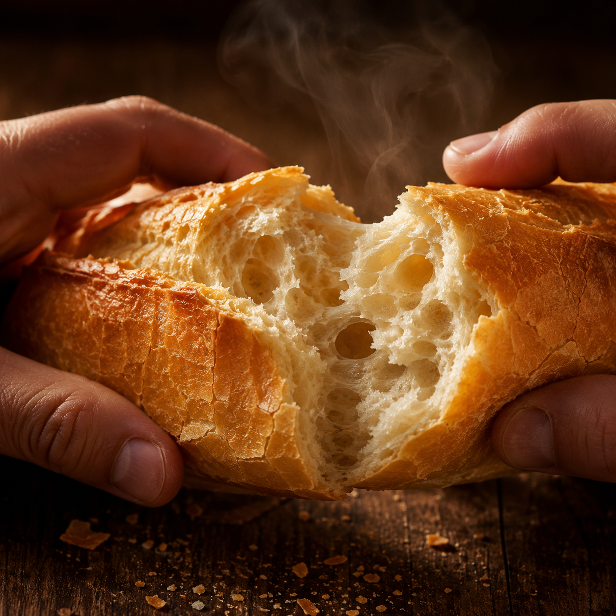 Hands breaking open a freshly baked Vietnamese baguette, steam escaping, ultra-thin crust shattering
