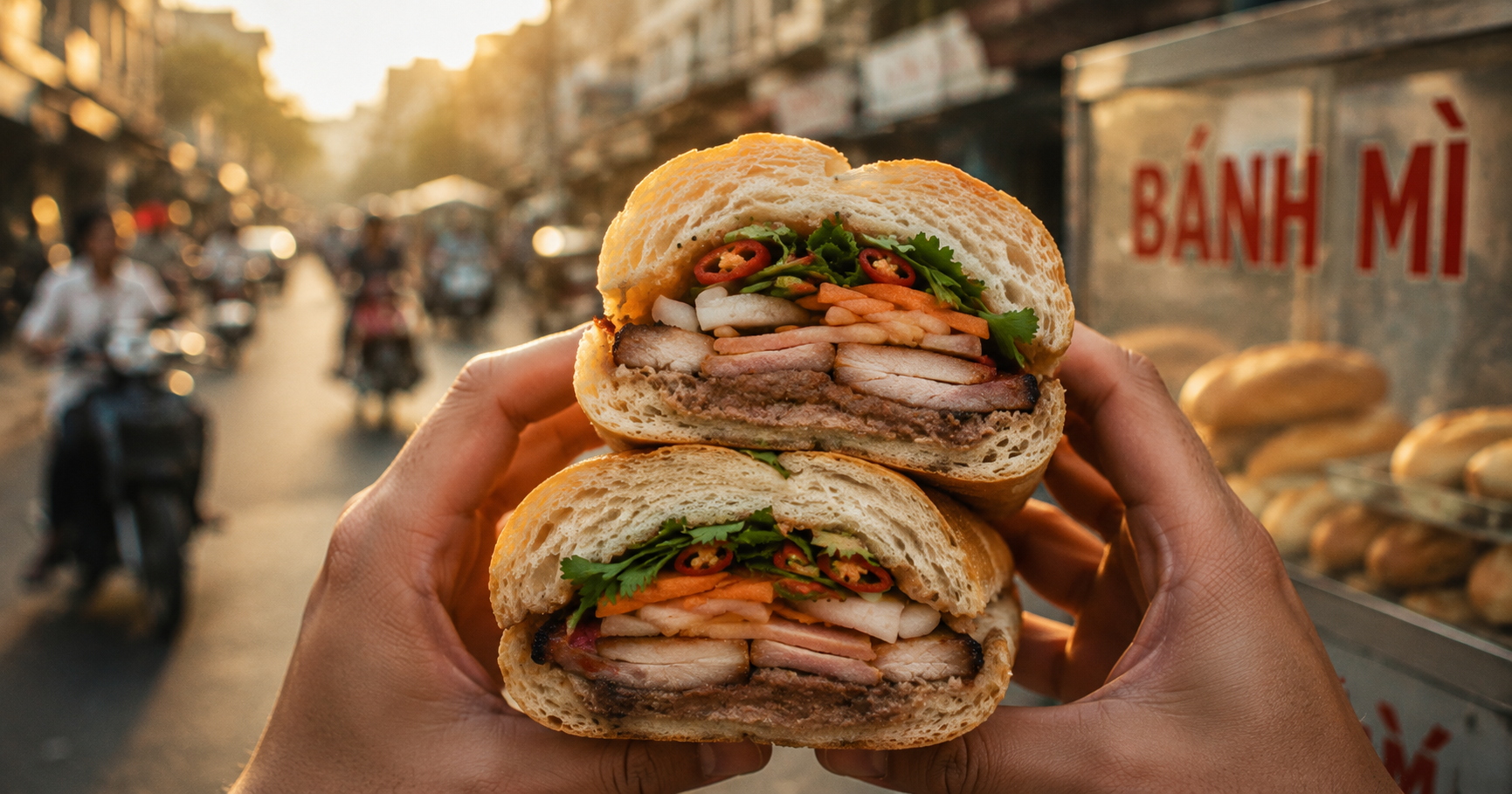 The finished đặc biệt bánh mì sliced in half, showing layers of pâté, char siu, pickled vegetables, fresh herbs and chilli, best bánh mì in Sydney