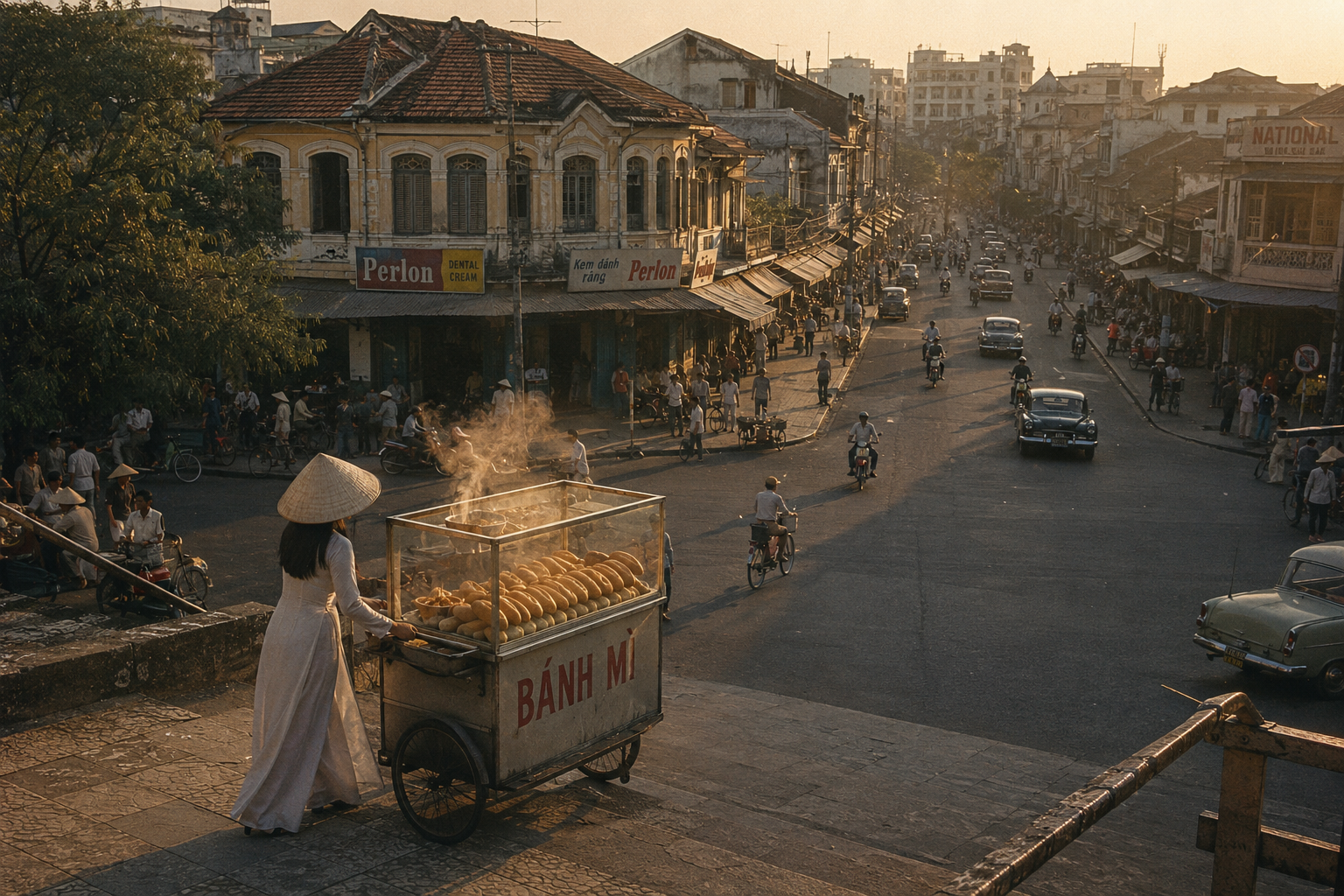 1950s Saigon street at golden hour, a woman in an áo dài pushes a bánh mì cart past tiled colonial buildings