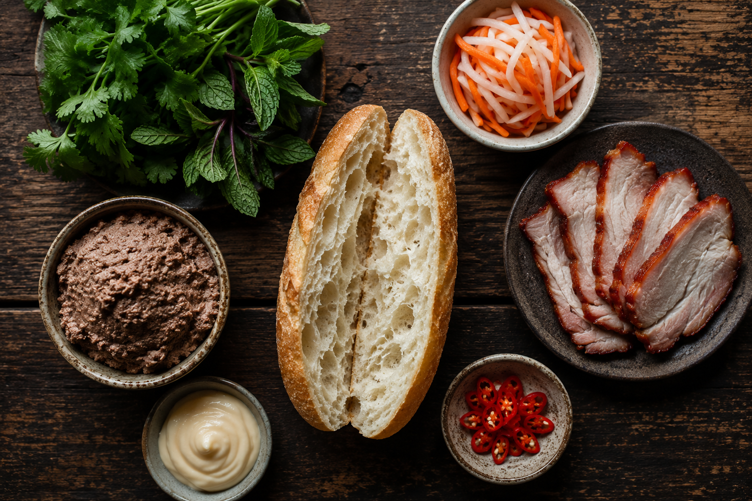 Flat-lay of bánh mì ingredients: baguette, pâté, char siu pork, pickled daikon and carrot, coriander, chilli