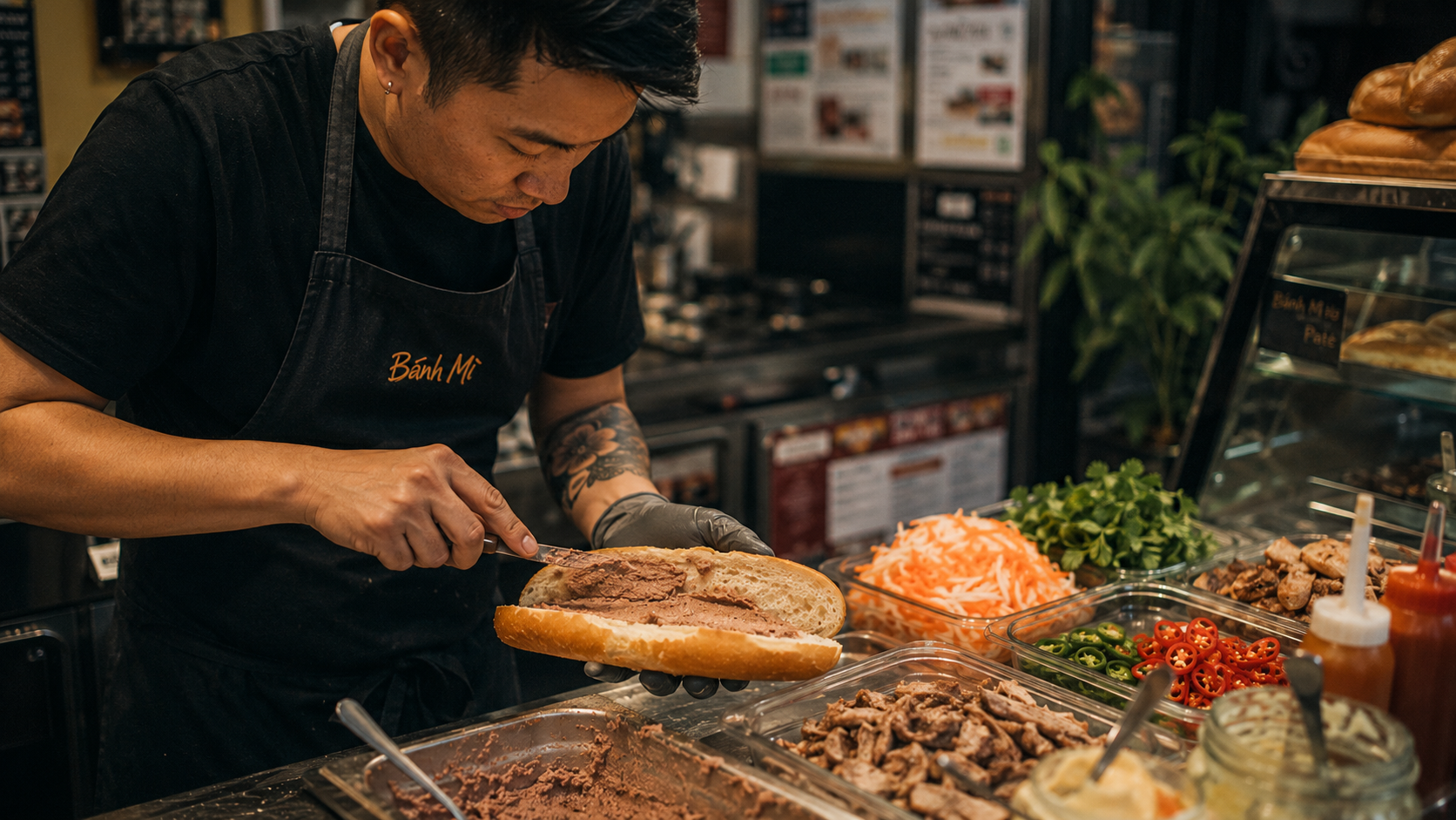 Expert hands spreading pâté thick across a split baguette at a Sydney bánh mì shop, all the way to the edges