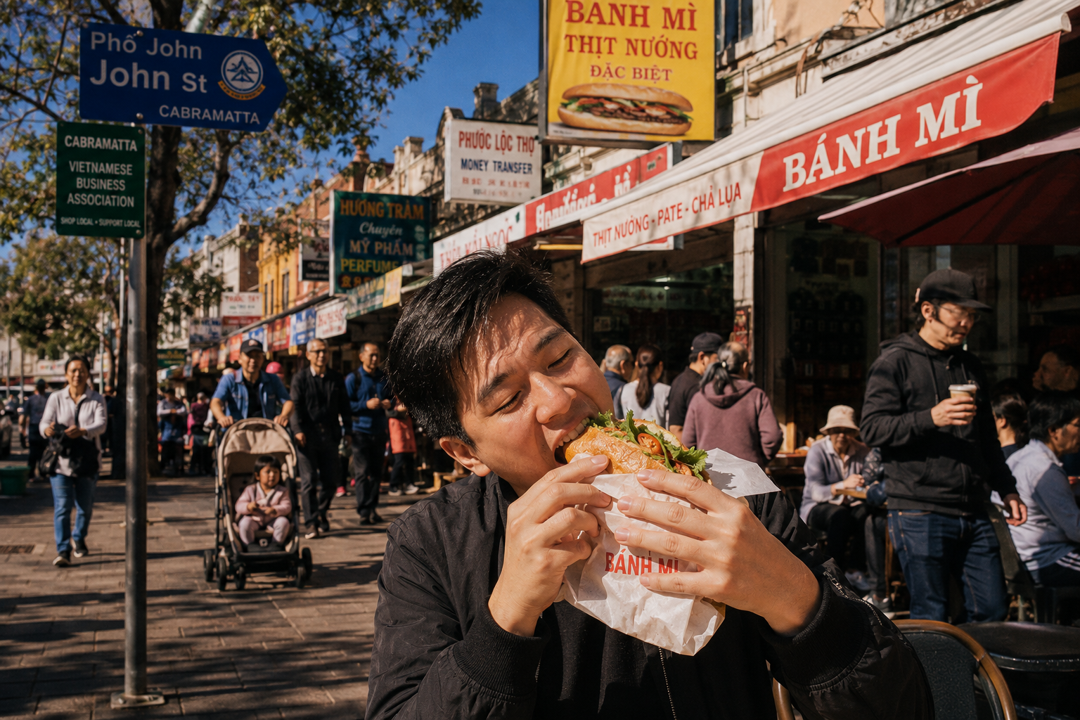 Cabramatta John Street on Saturday morning, families, market stalls, bánh mì shops serving the best bánh mì in Sydney