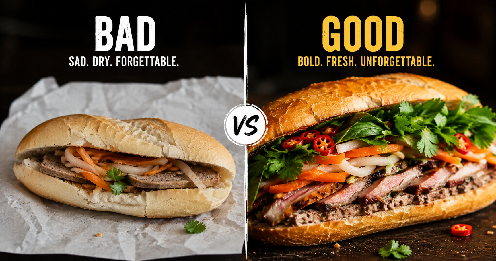 Side by side comparison: a limp pale bánh mì versus a perfect layered bánh mì with visible pâté, bright pickles and fresh herbs