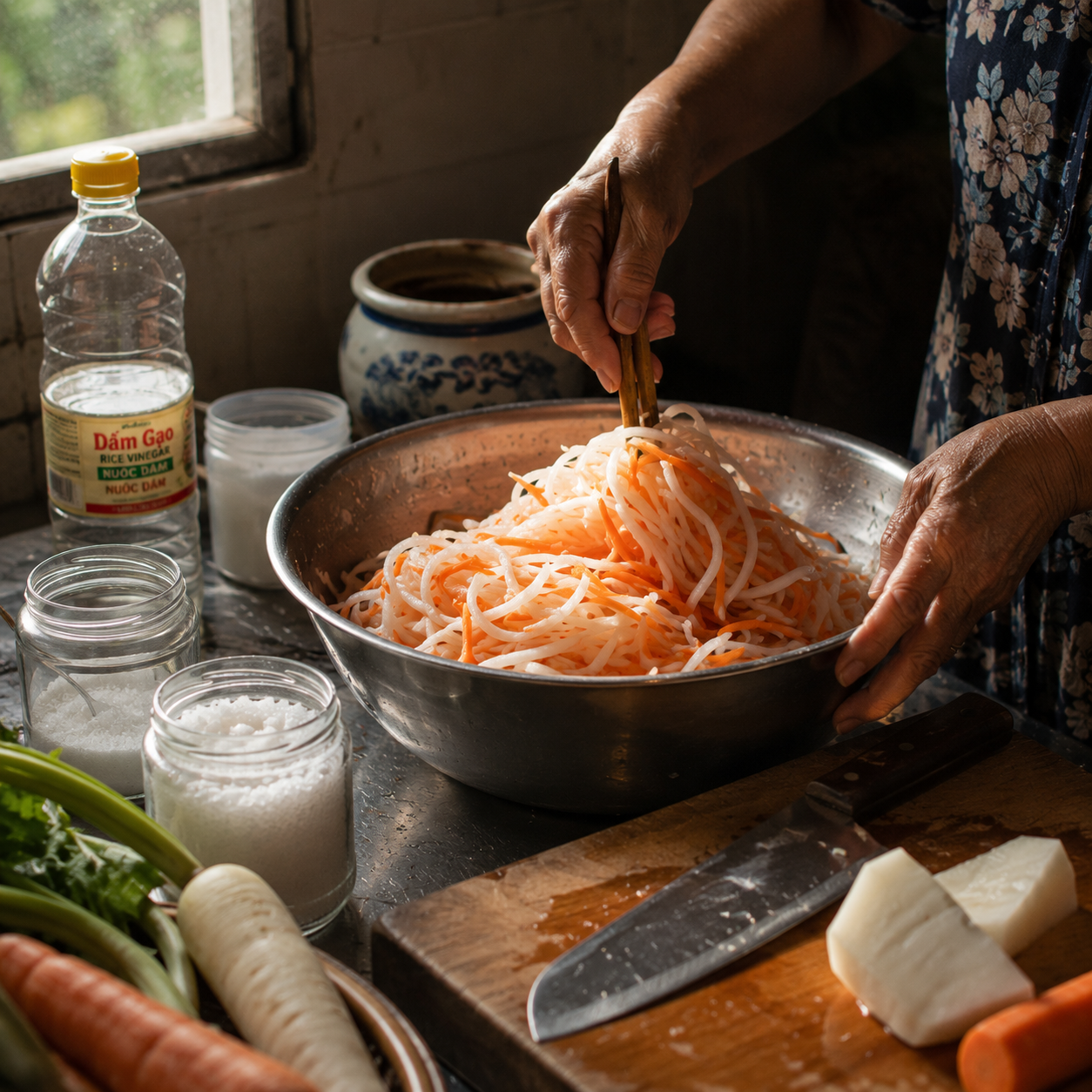 Vietnamese kitchen at dawn, fresh do chua being prepared, bright orange pickled daikon and carrot in a steel bowl, Saigon