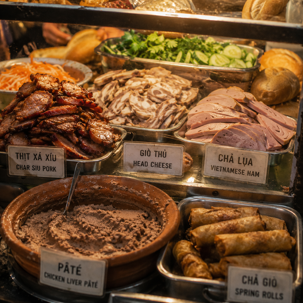 Inside a Vietnamese bánh mì cart glass case: char siu pork, head cheese, pâté and Vietnamese ham under warm yellow light, Saigon