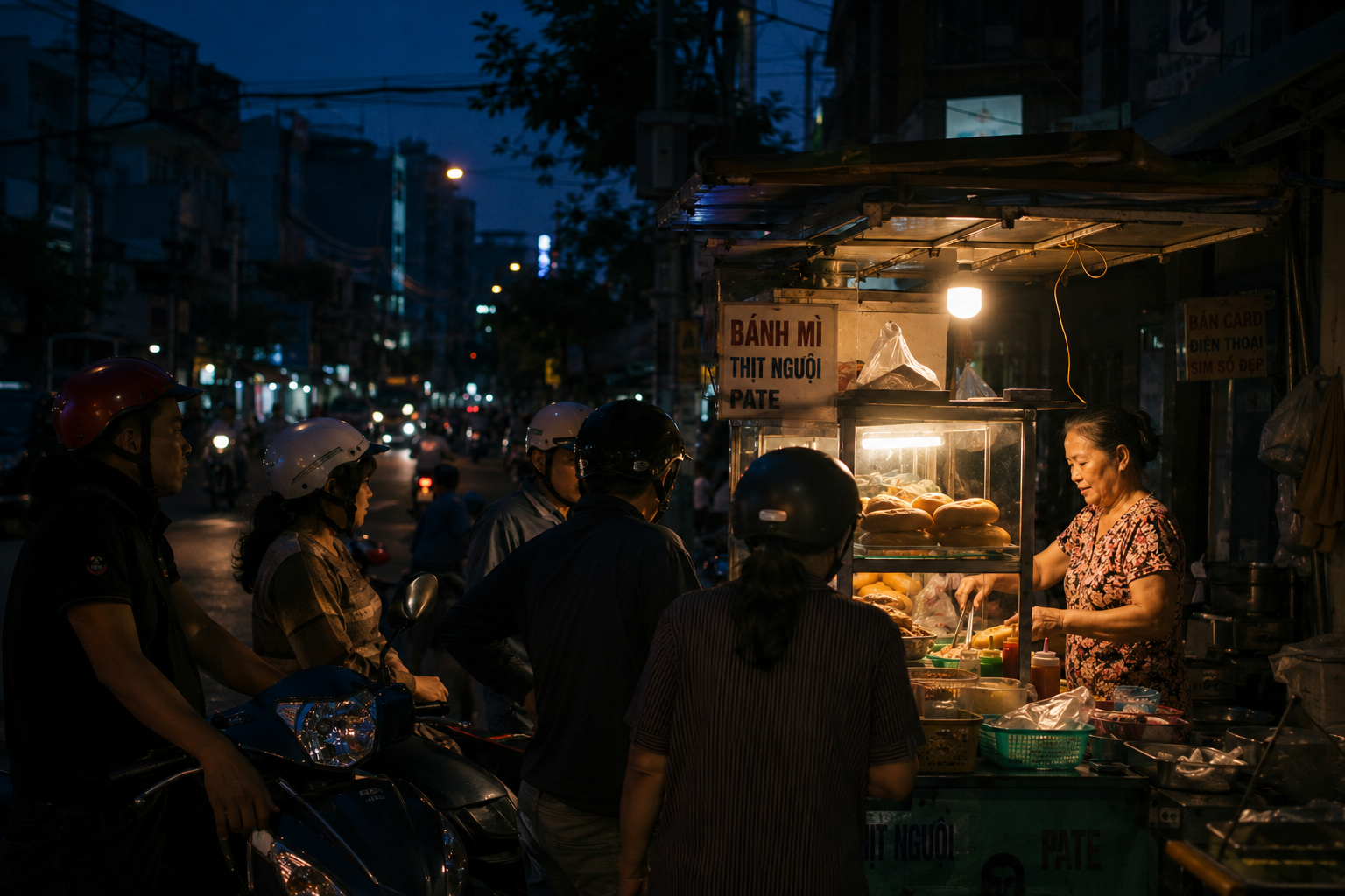 Pre-dawn Ho Chi Minh City, a bánh mì cart glowing under a single warm light bulb, steam rising from fresh bread