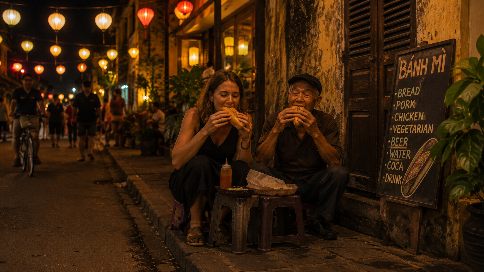 Hội An lantern-lit street, a local and a tourist eating bánh mì side by side on the footpath outside Bánh Mì Phượng, eyes closed