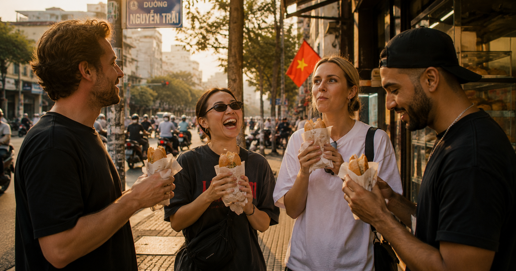 Four friends on a Saigon footpath at sunrise eating bánh mì. One is laughing, one is staring into the middle distance having a realisation