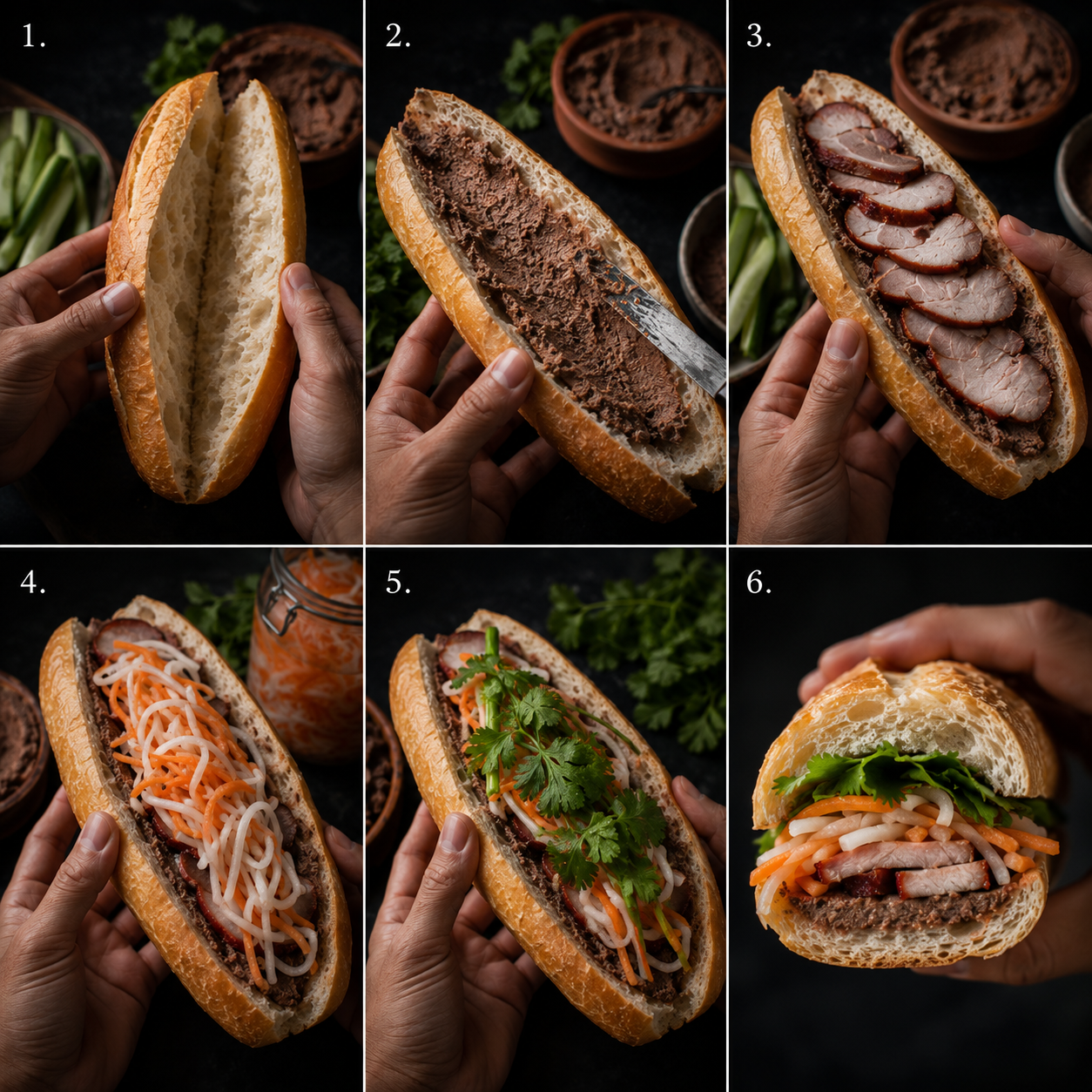 Six-panel grid showing bánh mì assembly step by step, from split bread to the finished Sydney bánh mì with pâté, protein, pickles and herbs