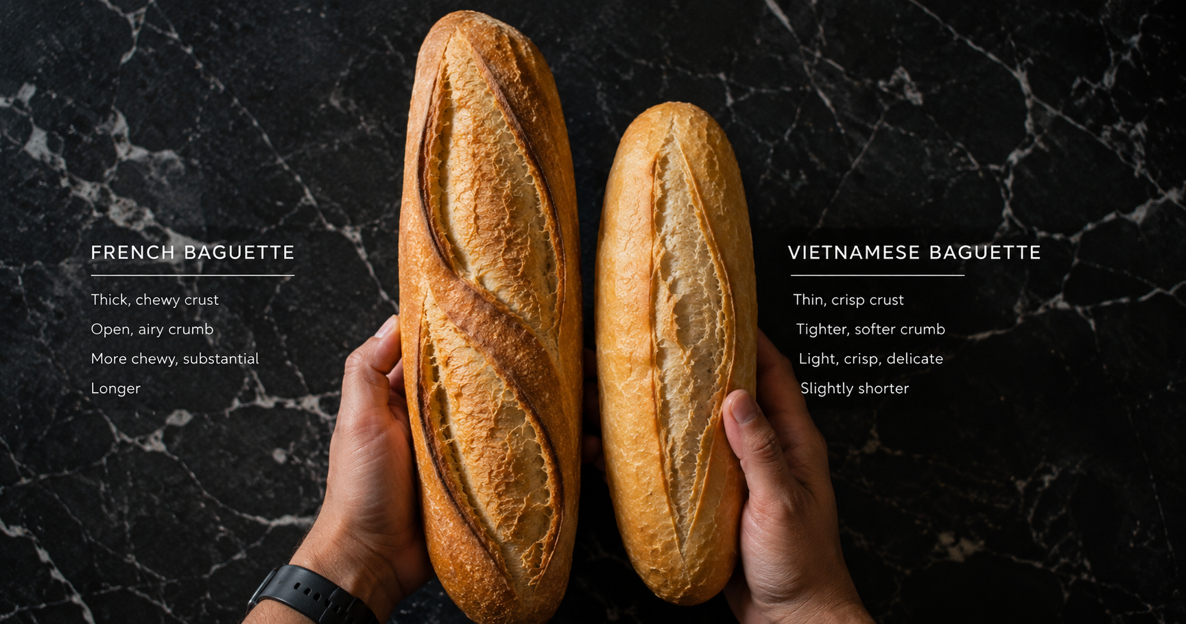 French baguette beside Vietnamese baguette. The Vietnamese version has a visibly thinner crust, lighter colour and different crumb structure