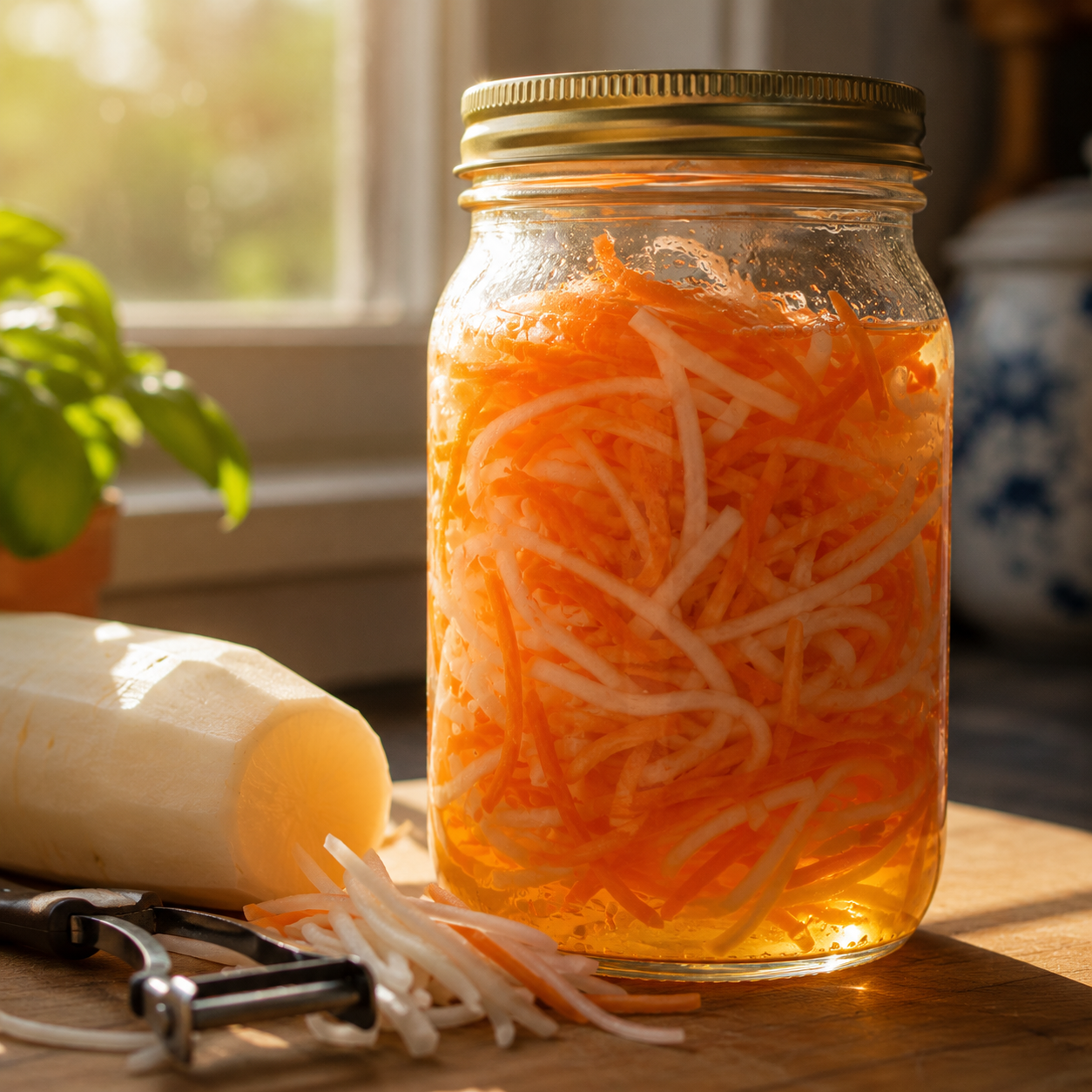 Mason jar of vibrant do chua, pickled daikon radish and carrot in golden brine, bright orange, after 48 hours of pickling