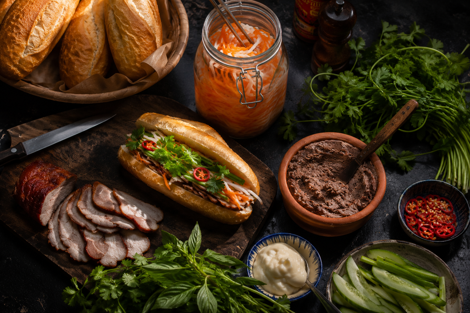 Kitchen bench covered in bánh mì ingredients mid-preparation: do chua, pâté, char siu pork, fresh herbs and baguette