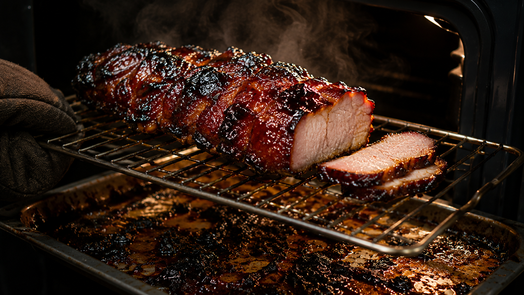 Char siu pork fresh from the oven, dark lacquered edges, sliced to show the juicy interior, on a wooden board